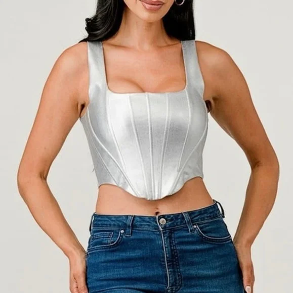 NWOT Japna Metallic Silver Zip Up Corset Faux Leather Crop Bustier Sz S - Picture 1 of 12